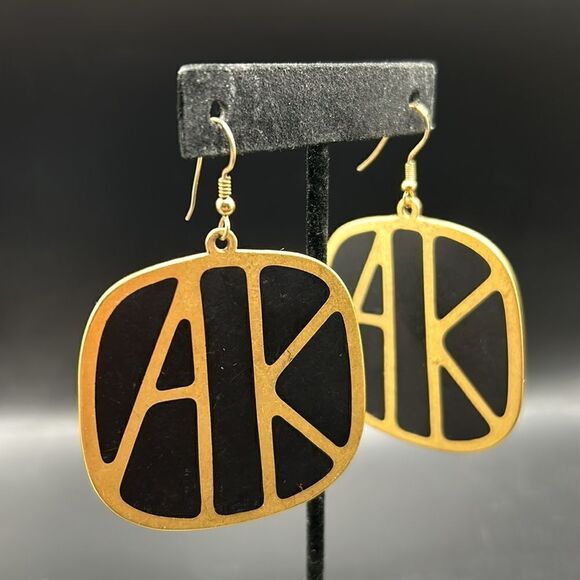 VTG 1980s Anne Klein Large Logo Black Gold Tone Earrings - Picture 3 of 10
